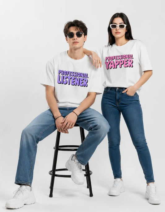 Professional Yapper & Professional Listener Oversized Couple T-Shirt